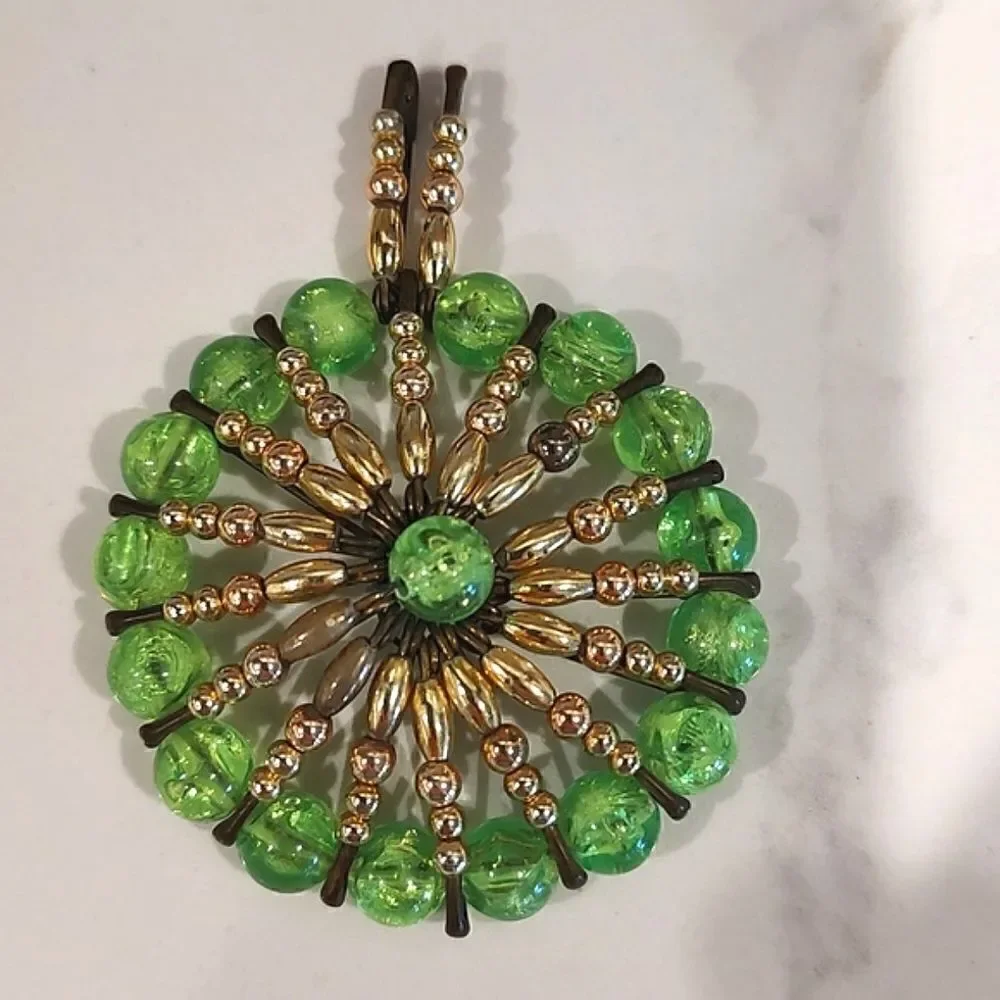 Vintage Safety Pin Art Green and Gold Bead Pendant/Brooch